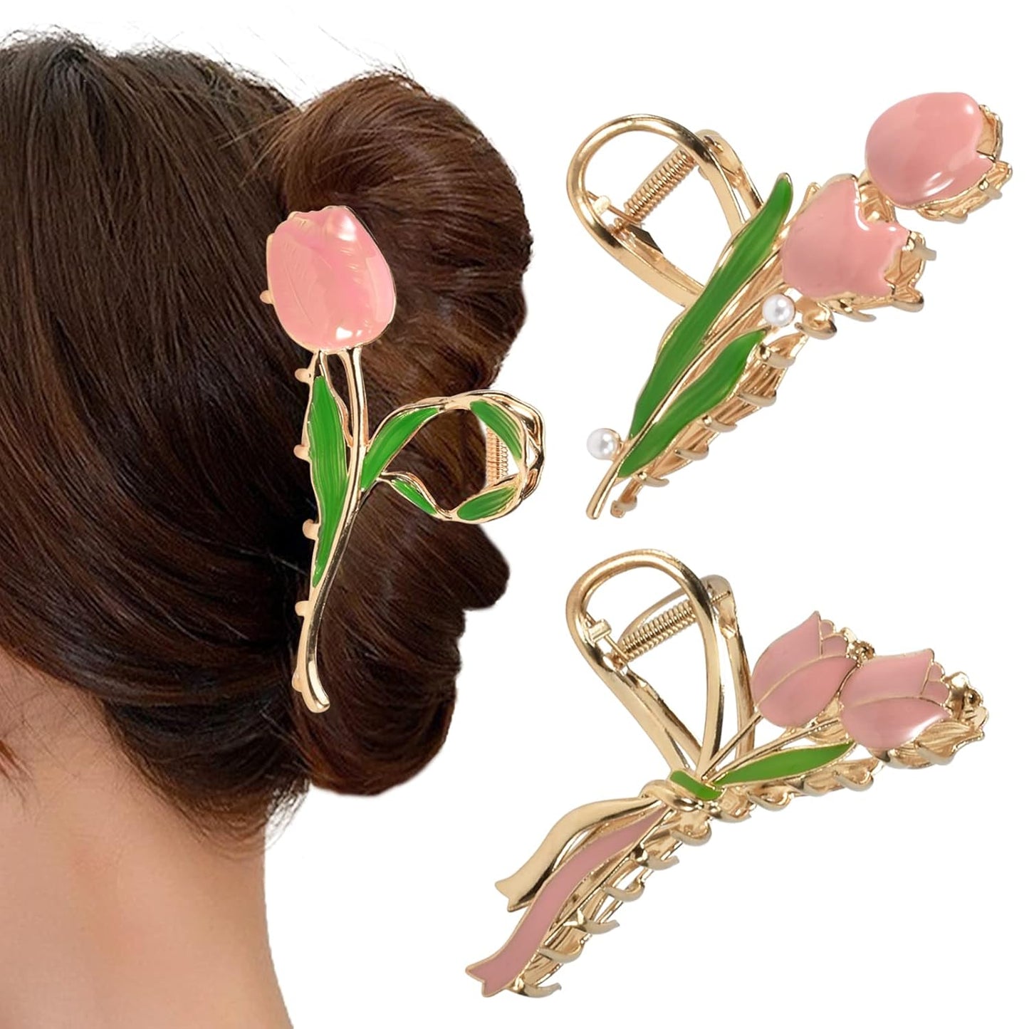 3-Piece Floral Metal Hair Clips, 3-Style Tulip Claw Clamps for Thin/Medium Thick Hair, Elegant Barrettes with Strong Hold and Non-Slip Cute Accessories