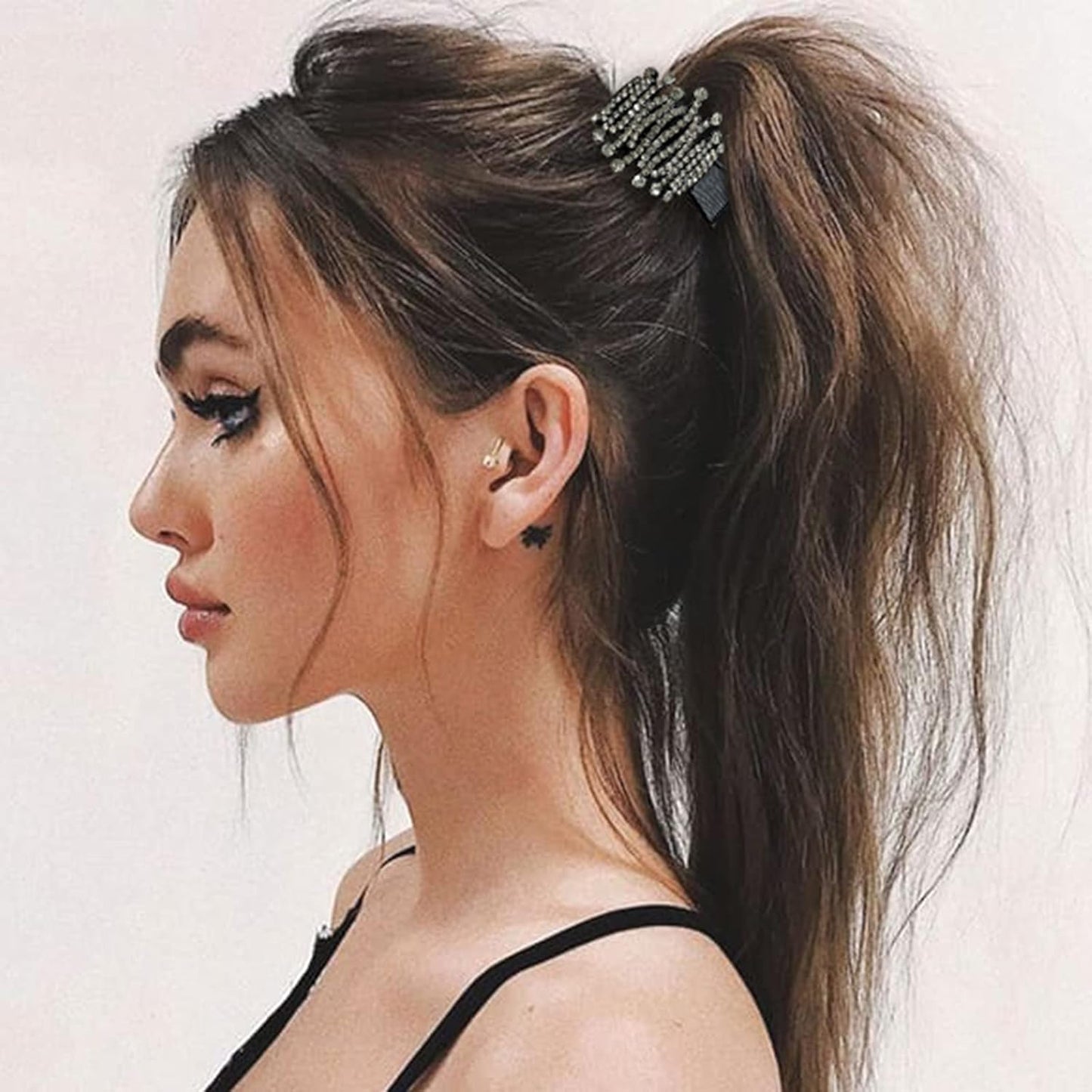 FRDTLUTHW 1.77Inch Small Hair Claw Clips for High Ponytail, Rhinestone Shark Hair Clips for Women Thick Long Hair (Black,Pack of 3)