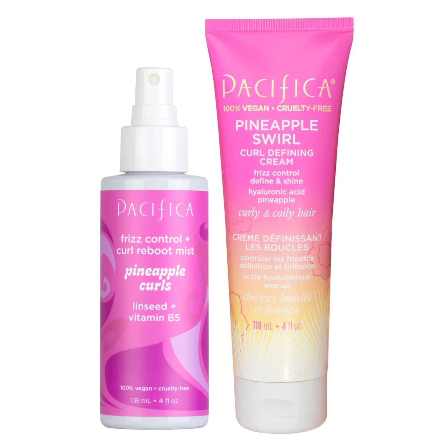 Pacifica Beauty Pineapple Curls Curl Cream & Refresher Mist Set for Curly & Coily Hair – Defining Cream + Day 2 Curl Refresh Spray, Enhances Definition, Tames Frizz, Vegan & Cruelty-Free