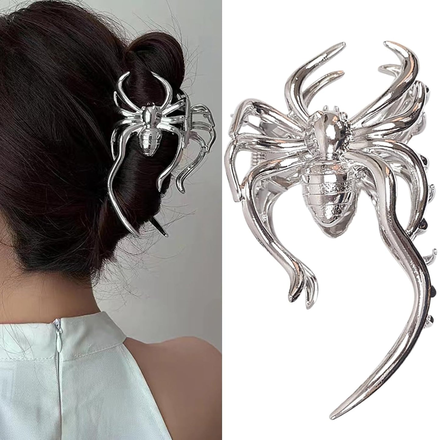 Halloween Spider Hair Claw Clips - Metal Silver Alloy Nonslip Terror Strong Hold Gothic Punk Spider Style 2