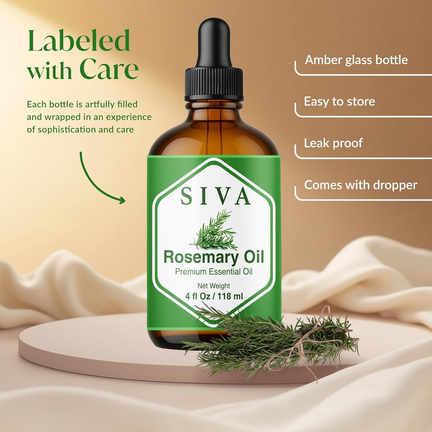 Siva Rosemary Essential Oil - 4 Fl Oz – 100% Natural Rosemary Oil - for Diffuser, Face, Skin Care, Aromatherapy, Hair Care, Scalp and Body Massage - with Dropper