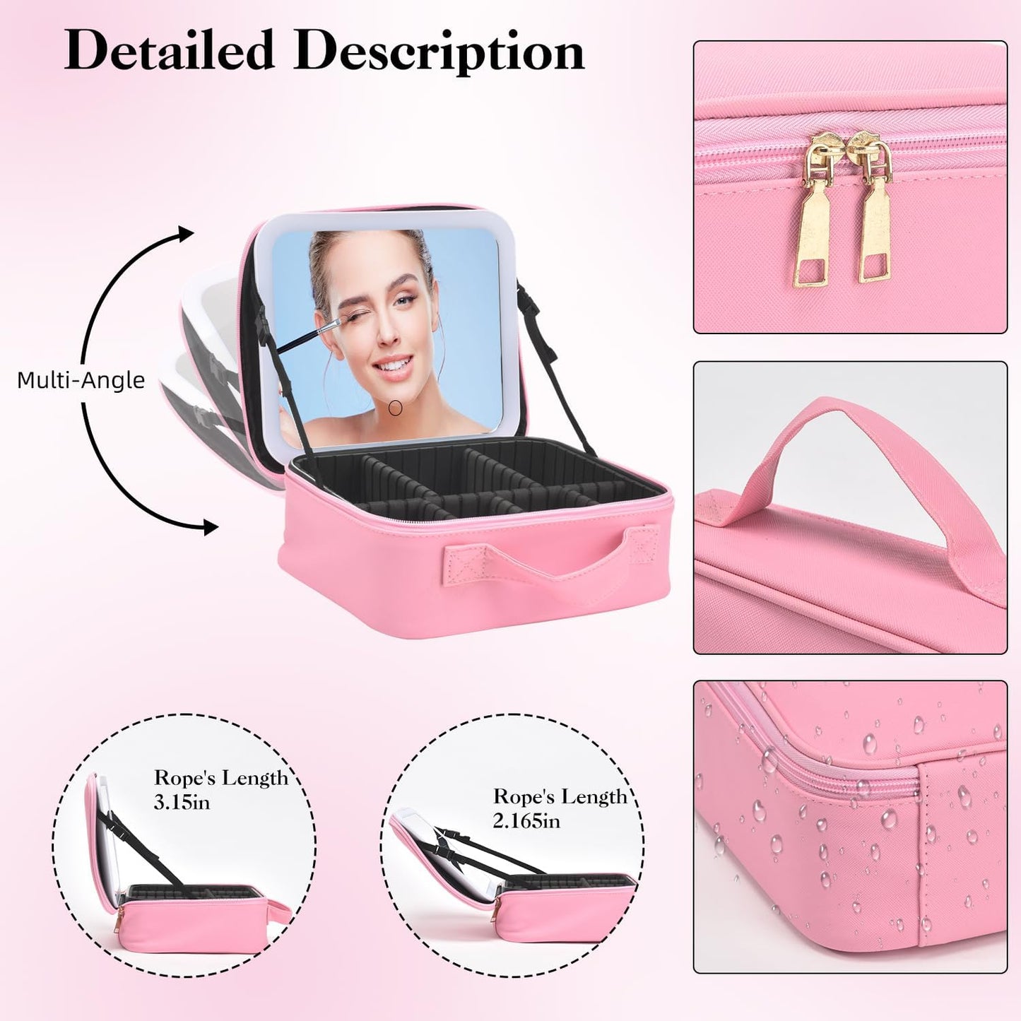 Travel Makeup Bag With LED Mirror,Cosmetic Train Case with 3 Color Setting,Cosmetic Makeup Organizer Bag with Adjustable Dividers,Portable Make up Box with Make up Brushes Holder Storage（Pink）