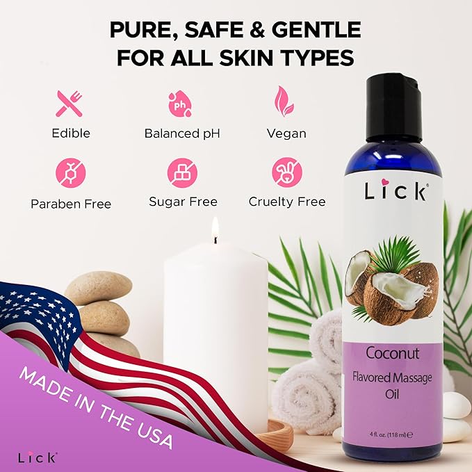 Coconut Flavored Massage Oil for Couples – Edible Massaging Lotion with Vitamin E, Sweet Almond and Coconut Oil is Non Sticky and Gentle on Skin – Natural, Relaxing and Vegan (4 oz)