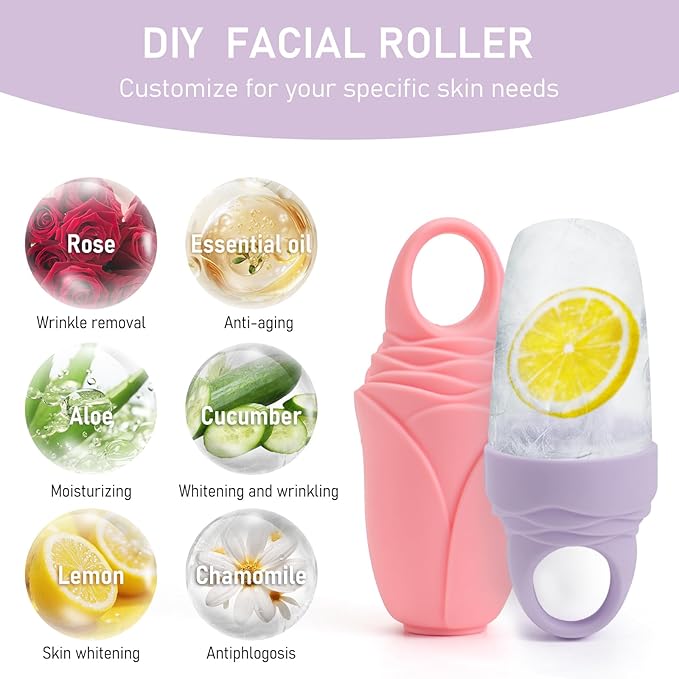 3 Pcs Facial Ice Roller Silicone Mold Reusable for Face Women and Eye Neck Cold Skin Care Tools Freezer De Puff Eye Bags Reduce Migraine Pain Pink 1 + Purple 2
