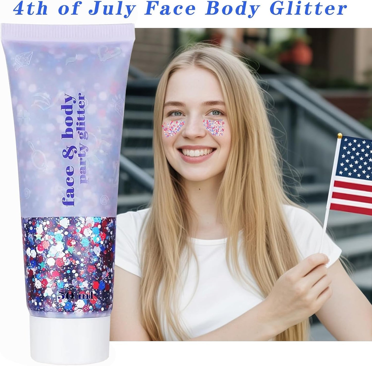 Red White and Blue Body Glitter - 4th of July Outfit Accessories for Women & Kids, USA Flag Face Glitter Makeup, Holographic Chunky Sequins for Independence Day, President's Day Memorial Day