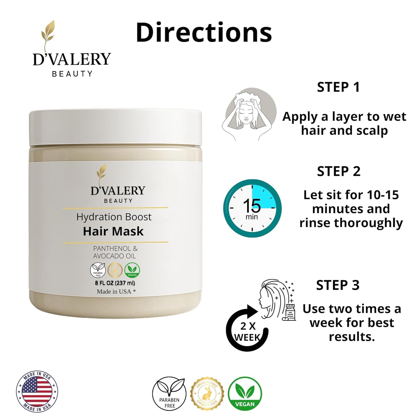 Hydrating Hair Mask with Avocado Oil & Panthenol – Deep Conditioning, Anti-Frizz & Detangling Treatment for Dry, Damaged or Color-Treated Hair – 8 oz