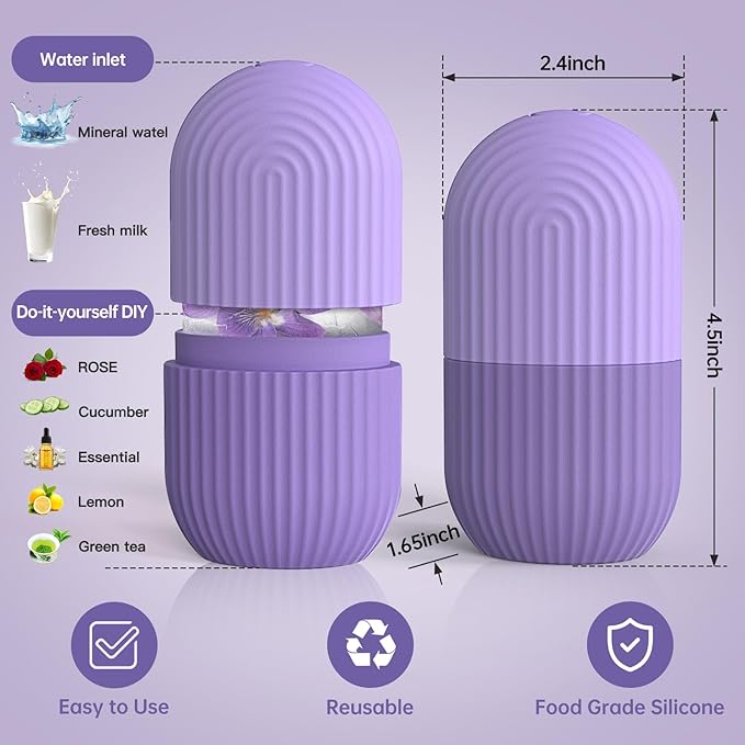 Ice Roller for Face and Eye，Ice Cube Roller Massager for Skin Women Care Tools, Naturally Conditioning De-Puff Eye Bags, Reduce Migraine Pain， Reusable Massage Silicone Ice Mold （Purple）