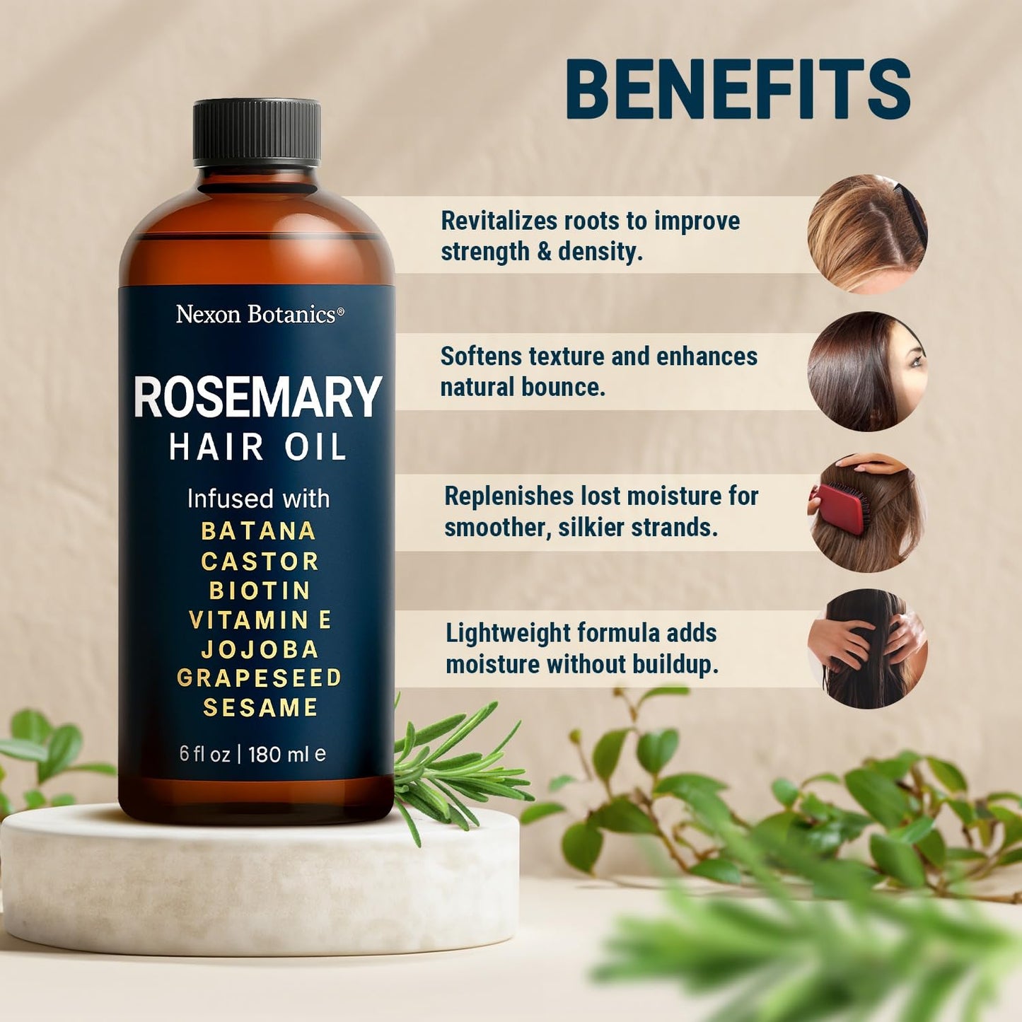 Rosemary Oil for Hair Growth 6 fl oz - Natural Scalp and Hair Oil with Batana, Castor, Biotin, Vitamin E, Grapeseed, Jojoba, Sesame - Aceite de Romero y Batana - Nexon Botanics