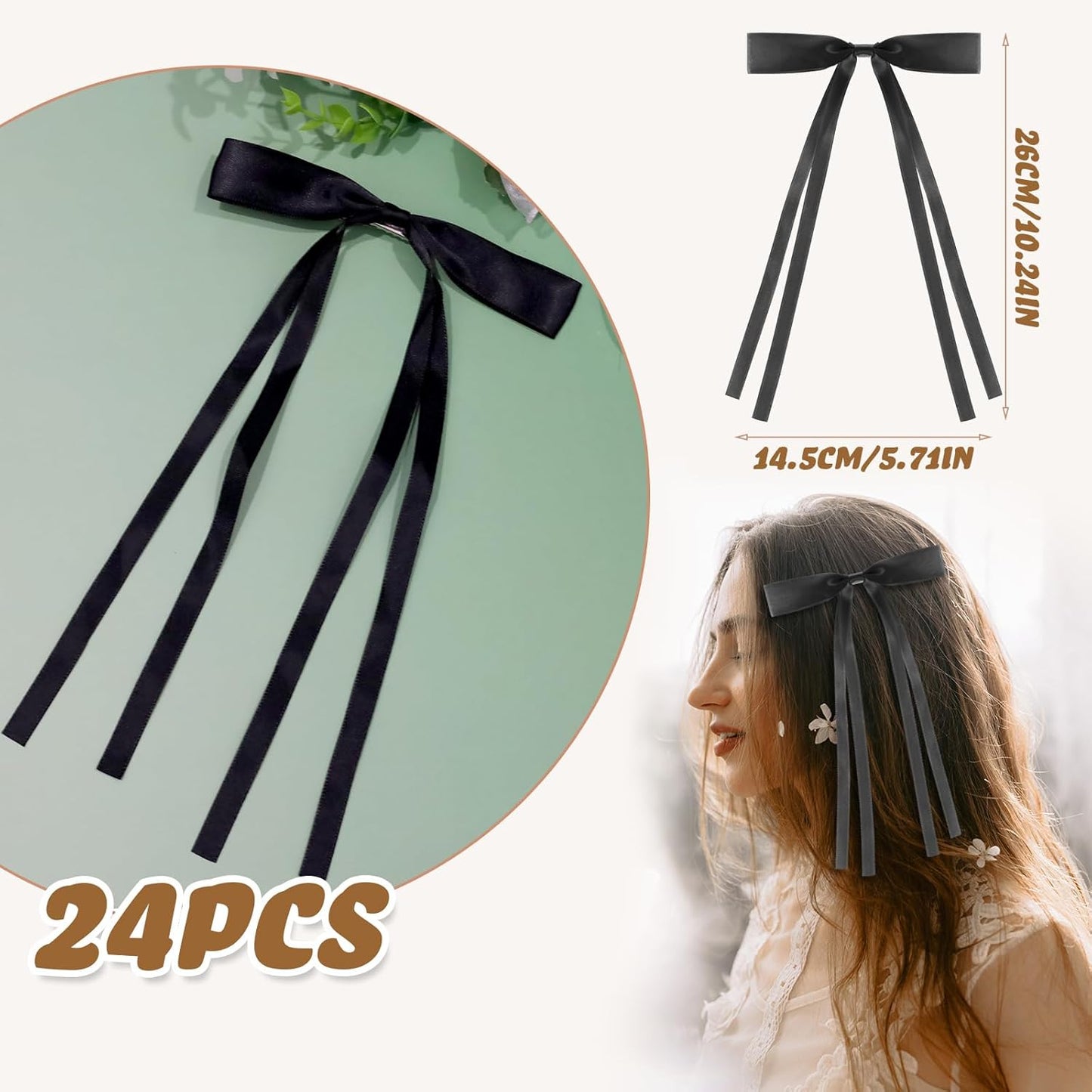 24 PCS Hair Bows Clips Ribbon,Mini Satin Hair Bows With Long Tail for Women and Girls Hairstyle Accessory Gift (Black)