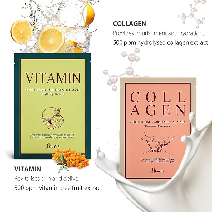 SHIONLE 12 Combo Pack B Essential Facial Mask Sheet, 6 Types Korean Essence Skincare Home Spa Self Care Treatment Mask, Hydrating Soothing For All Skin