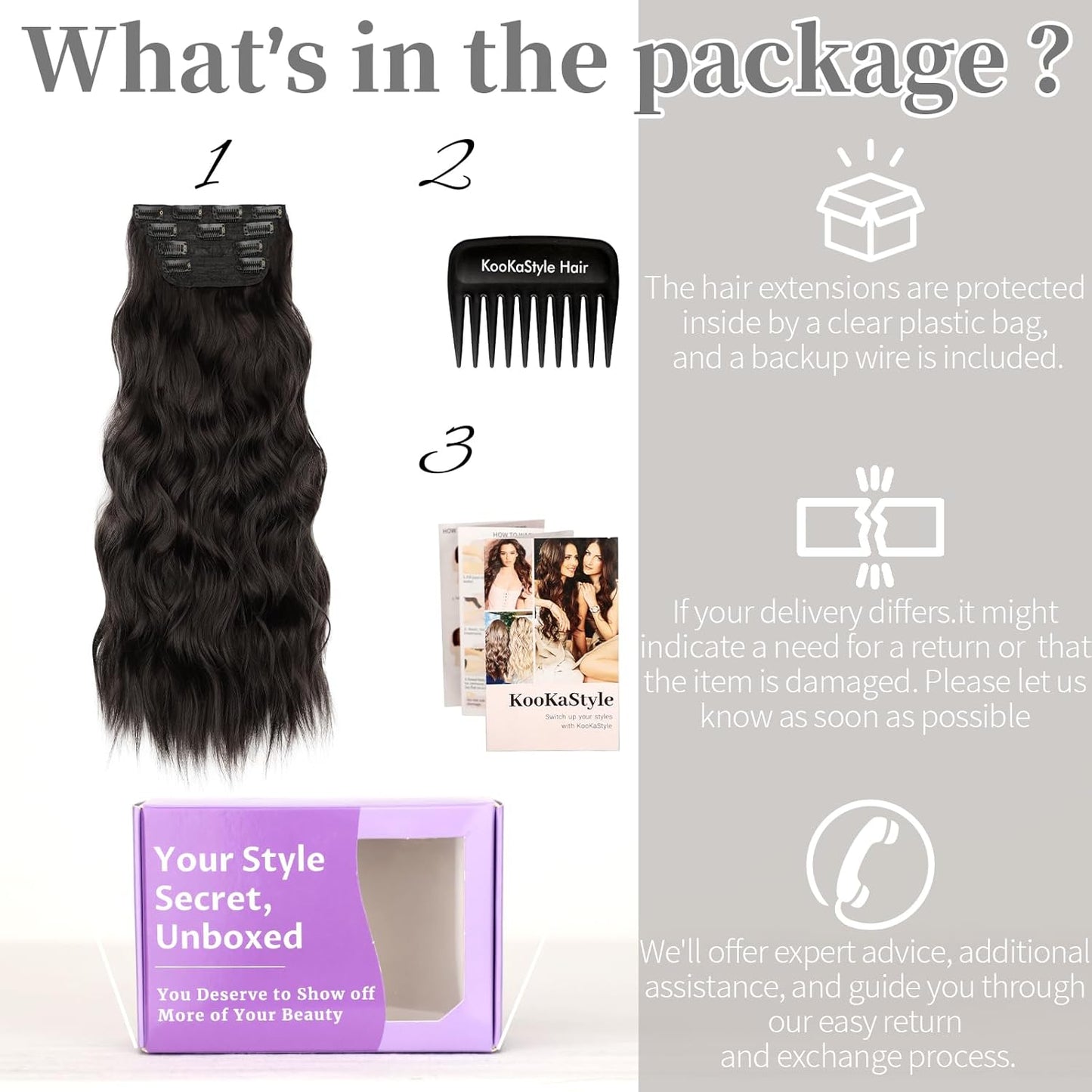 KooKaStyle Clip in Synthetic Hair Extensions Long Wavy 4PCS Thick Hairpieces Dark Brown 6# Fiber Double Weft Natural Hair Extensions 24 Inch for Women