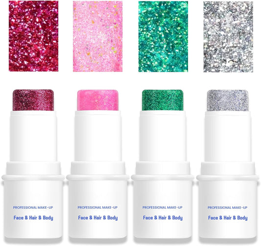 Body & Face Glitter Makeup Stick, Multiuse Waterproof Glitter Gel for Face Body Hair Eye Lip, Holographic Sequins Paint Stick, Mermaid Accessories Makeup (Silver, Pink, Green, Rose Red)