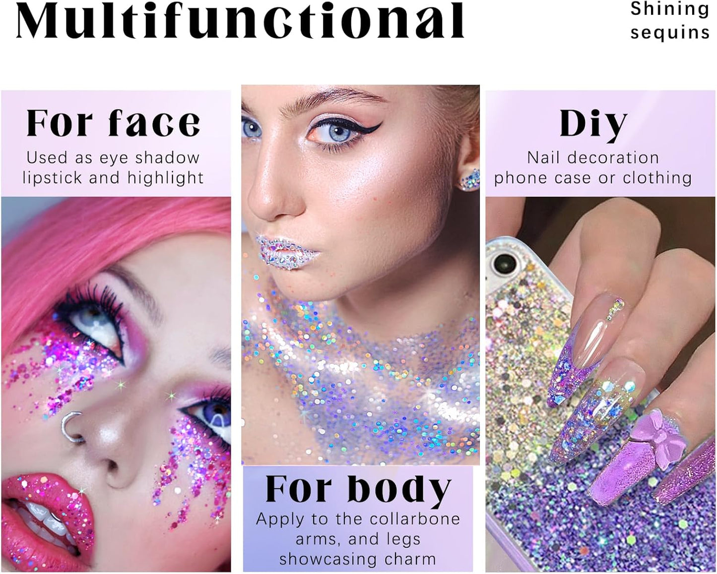 2 Colors Roll-on Body Glitter Gel, Holographic Glitter Gel Under Light for Face Hair, Body Shimmer for Rave Accessories Christmas New Year Halloween Makeup (11+13)
