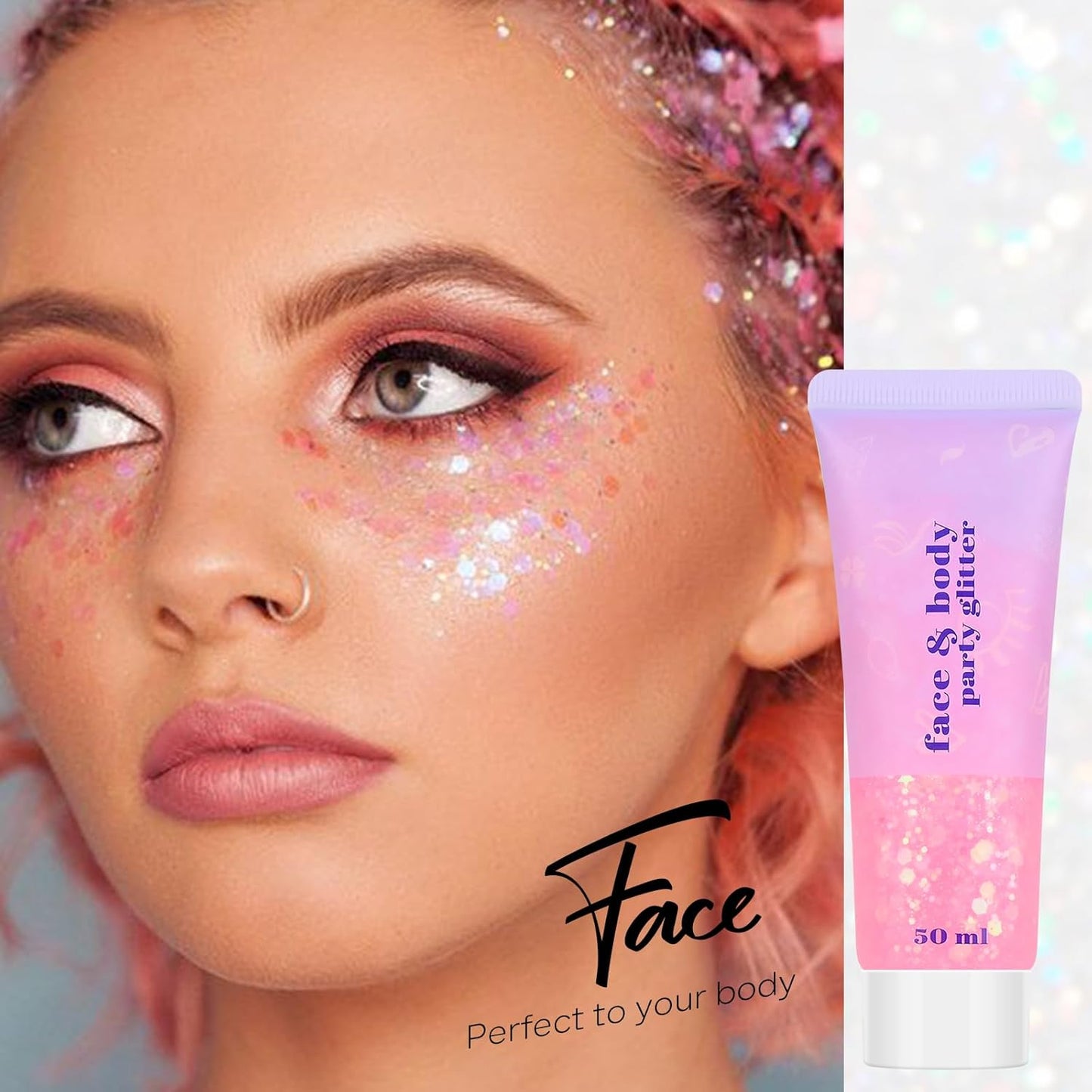 Pink Face and Body Hair Glitter Gel, Party Concerts Cheer Face Paint Holographic Chunky Festival Rave Accessories Glitter Makeup, 6 Kinds of Sparkling Sequins for Hair Nail Eye Lip Body