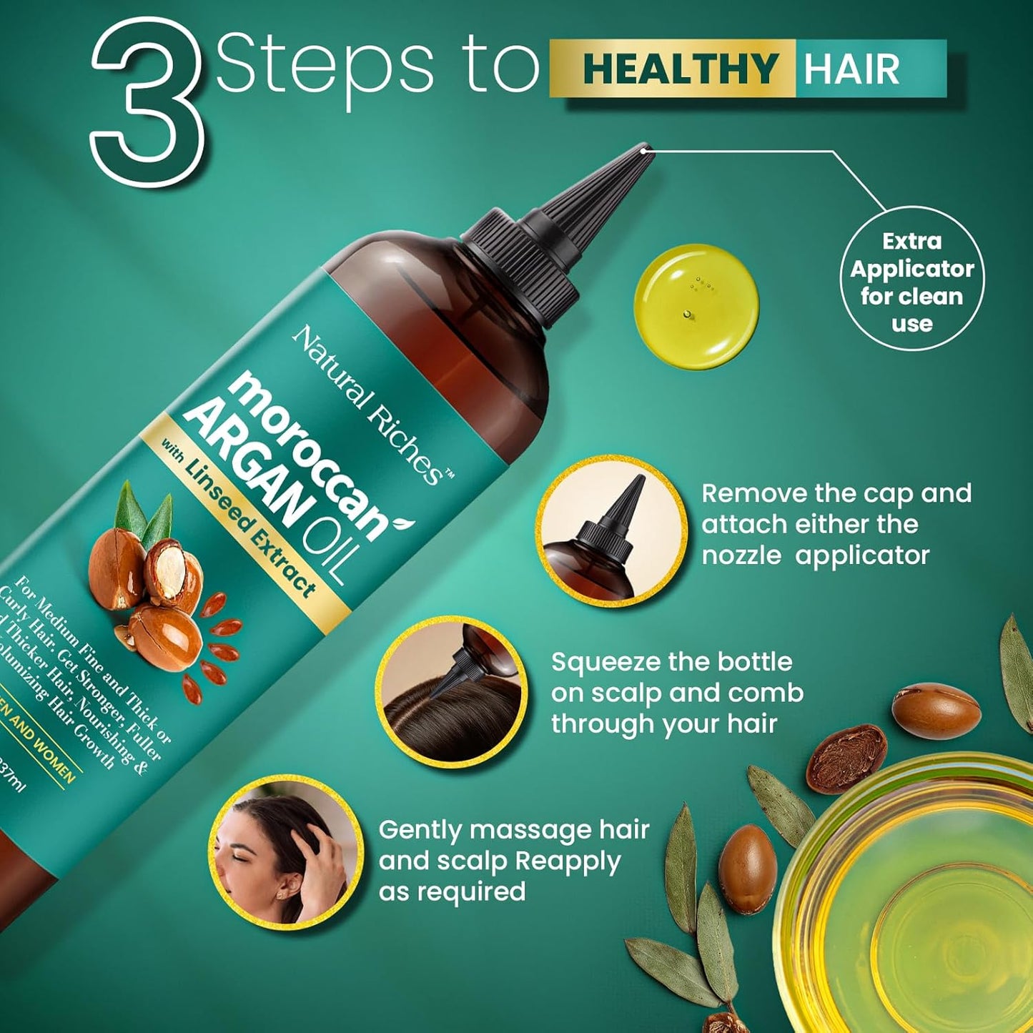 Natural Riches Moroccan Argan Oil with Linseed Extract, Hair Treatment for All Hair Types, Smooths frizz, detangles, conditions and boosts shine 8 Fl Oz
