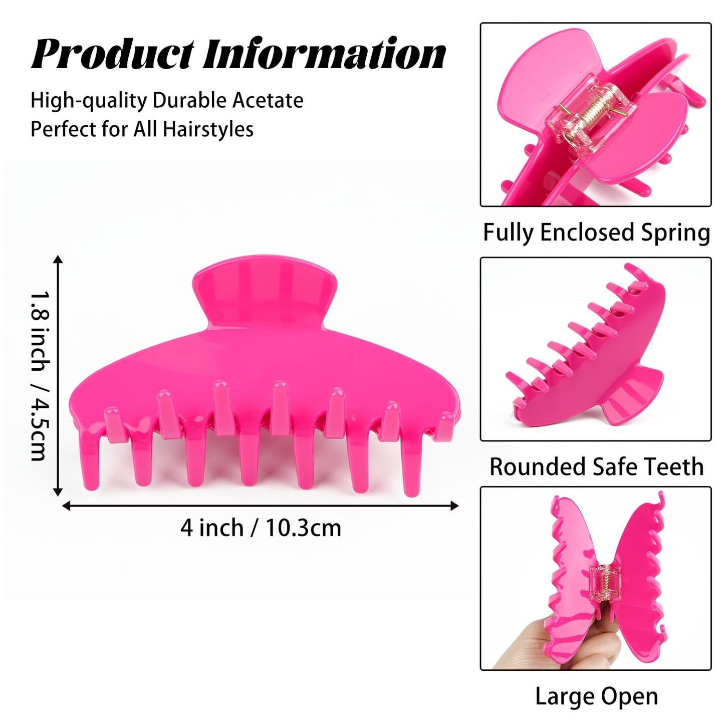 MAORULU Premium Durable Acetate Hair Claw Clips for Women Girls, 4 Inch Large Cute Jaw Clip for Thick or Thin Hair, Vintage Y2K Hair Clips (Hot Pink)