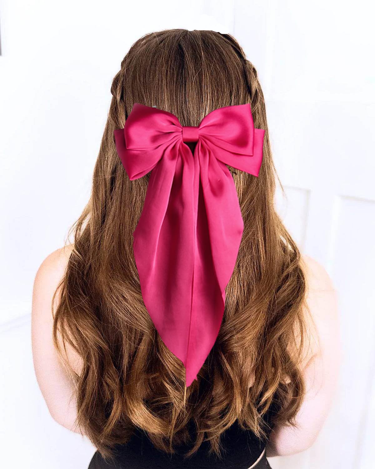 Furling Pompoms Hot Pink Bows Hair Clips for Women Large Bow Clip for Girls Satin Long Tails with Alligator Clips White Big Hair Bow Hair Accessories Pack of 2