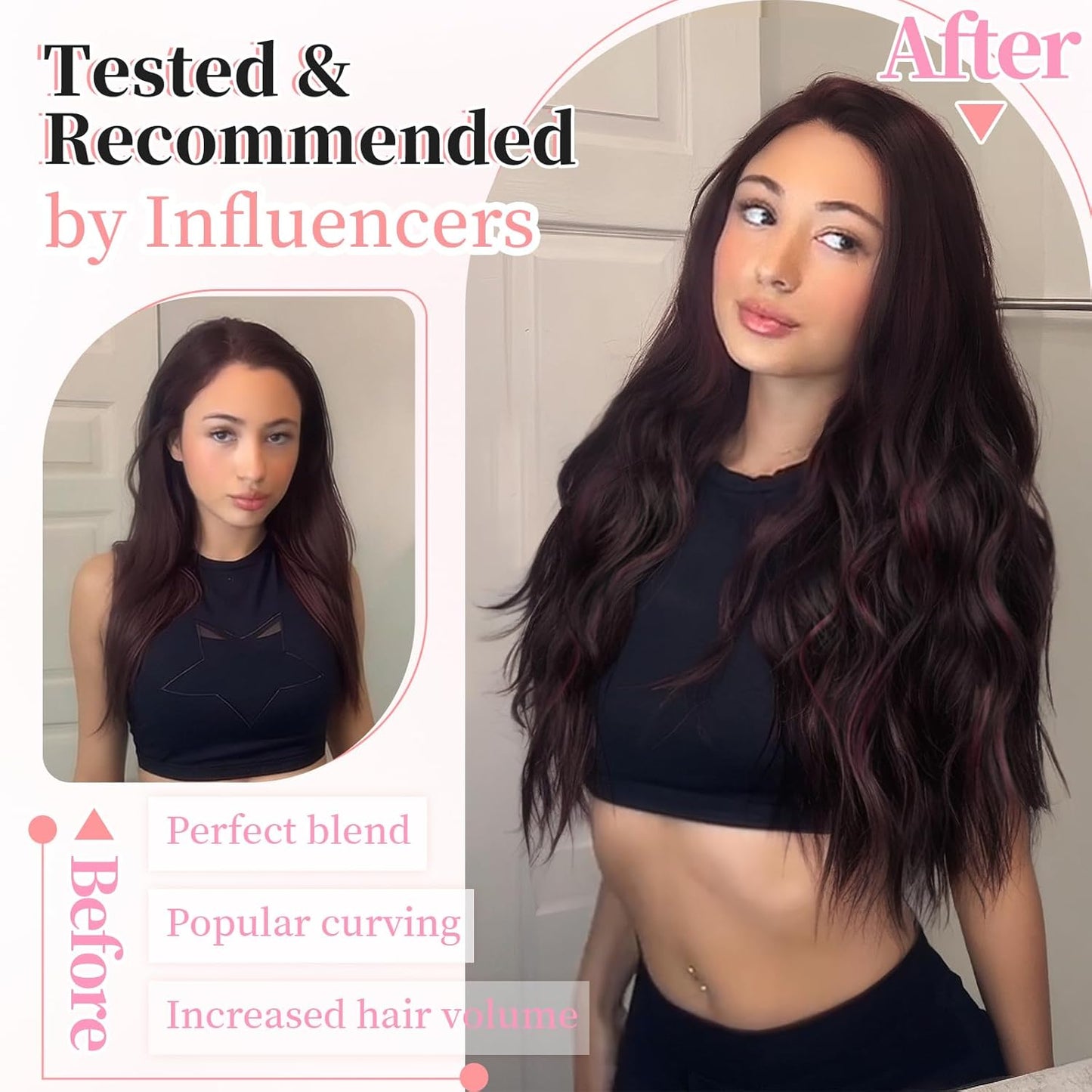 KooKaStyle Clip in Synthetic Hair Extensions Long Wavy 4PCS Thick Hairpieces Burgundy mix Dark Brown Fiber Double Weft Natural Hair Extensions 20 Inch for Women