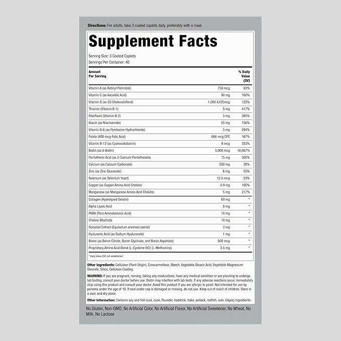 Piping Rock Hair Skin and Nails Vitamins | 120 Caplet Pills | with Collagen | 5000 mcg of Biotin | Non-GMO, Gluten Free Supplement