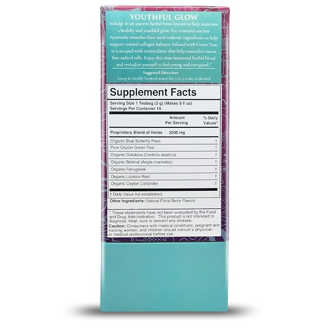 Térapy Ceylon Youthful Glow Herbal Tea Bags | Helps Maintain Healthy Skin and Hair | 100% Natural Blue Butterfly Peas, Licorice Root, Green Tea & More | Individually Wrapped Organic Tea Bags |18 Count