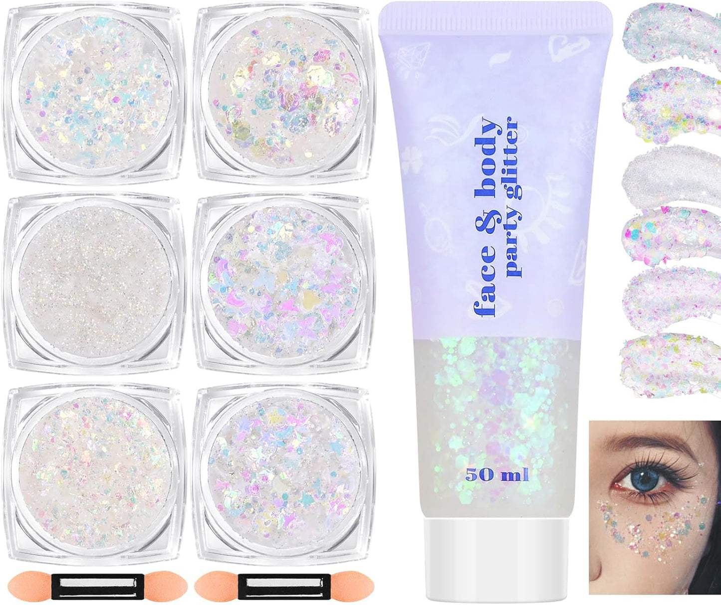 Clear White Face Body Hair Glitter Gel, Party Concerts Face Paint Mermaid Holographic Chunky Festival Rave Accessories Glitter Makeup, 6 Kinds of Sparkling Sequins for Hair Nail Eye Lip Body