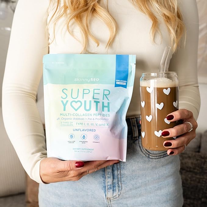 SkinnyFit Super Youth Unflavored Multi-Collagen Peptides + Probiotics, Baobab Fiber, Apple Cider Vinegar, Hyaluronic Acid, & Vitamin C, Skin, Hair, Joint & Metabolism Support, 30 Servings