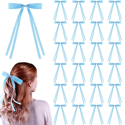 24 PCS Hair Bows Clips Ribbon,Mini Satin Hair Bows With Long Tail for Women and Girls Hairstyle Accessory Gift (Blue)