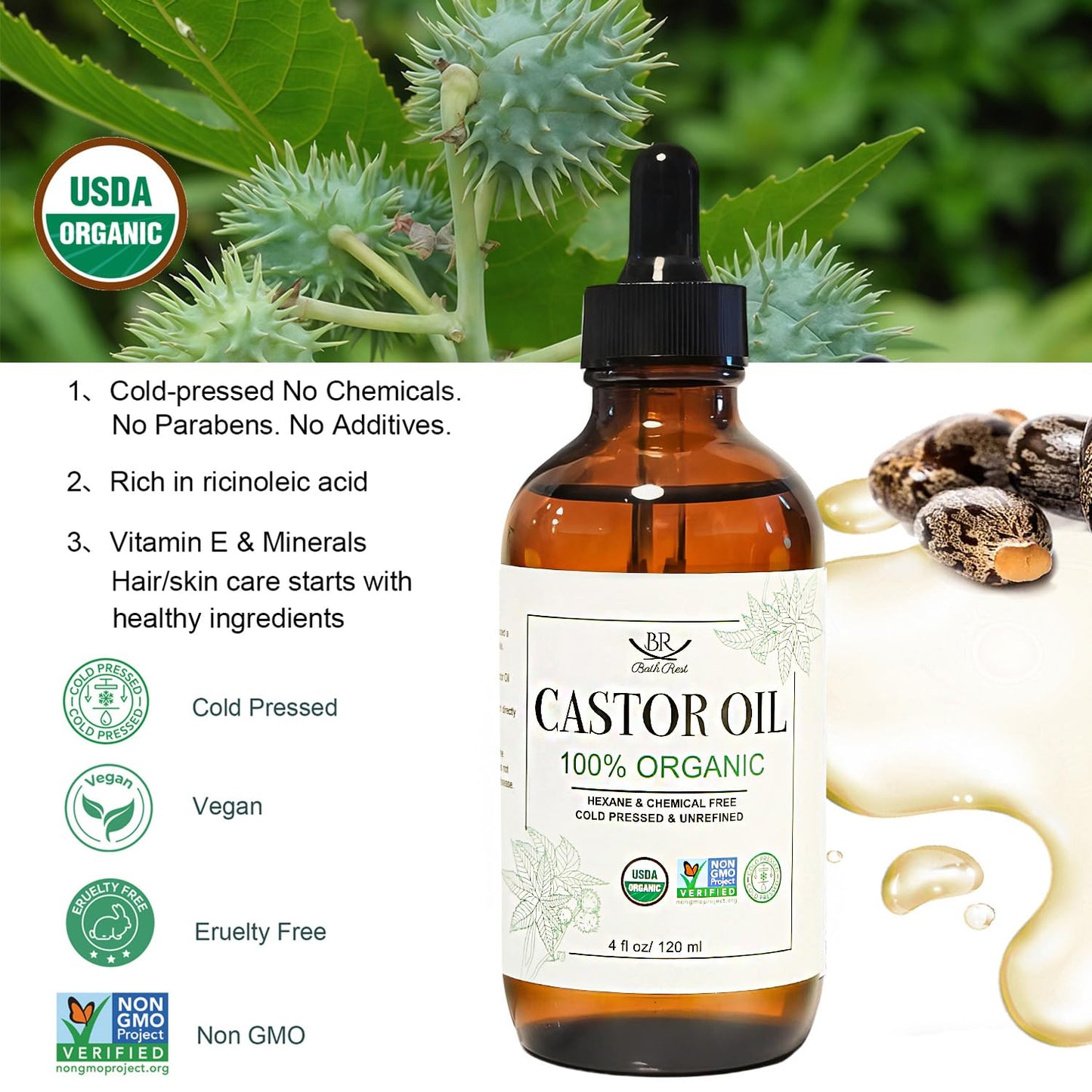 Organic Castor Oil 100% Pure Natural Hair Oil for Hair Growth, Castor oil for Skin Lashes Nails Face Eyelash Eyebrows, Cold Pressed Hexane Free Unrefined USDA Certified 4OZ