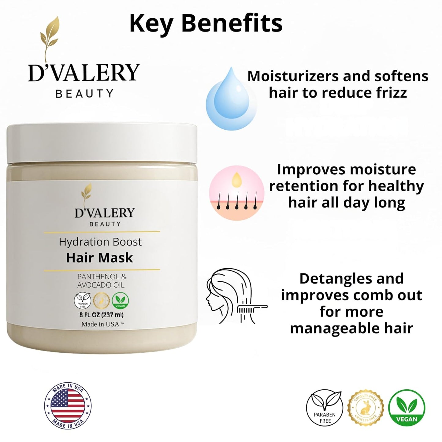 Hydrating Hair Mask with Avocado Oil & Panthenol – Deep Conditioning, Anti-Frizz & Detangling Treatment for Dry, Damaged or Color-Treated Hair – 8 oz