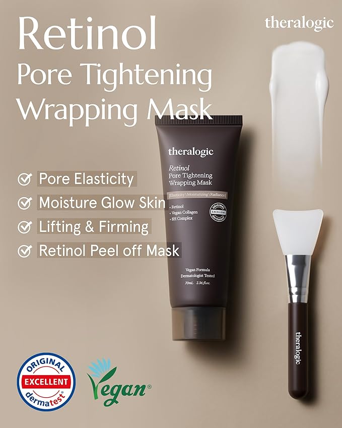 Retinol Pore Tightening Wrapping Mask - Korean Pore Elasticity Peel Off Mask with Collagen, Peptides, Hyaluronic Acid - Firming & Skin Glow Mask - Vegan, Derma Tested, 2.36oz.