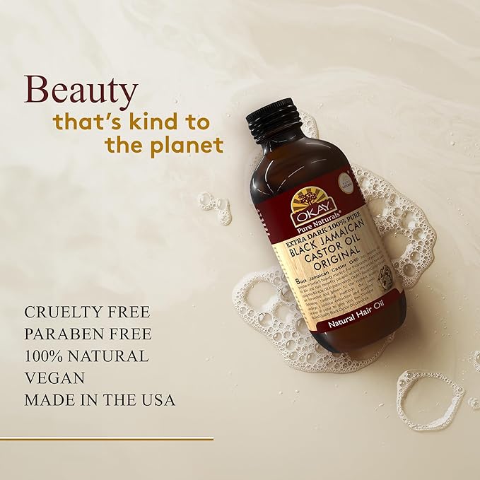 OKAY Pure Naturals Black Jamaican Castor Oil - Castor Oil for Hair Health, Moisture for Skin, Body, Scalp, Eyelashes, Eyebrows, for Men & Women - 4 oz (Pack of 1)