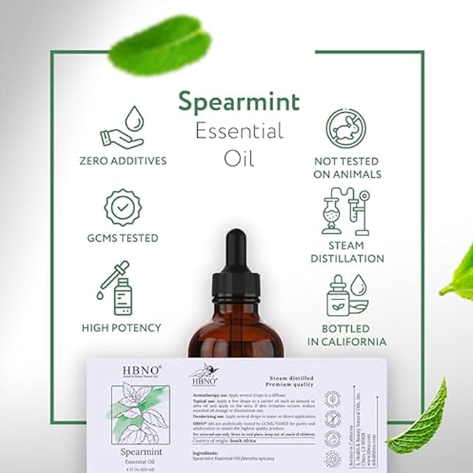 HBNO Spearmint Essential Oil - Huge 4 oz (120ml) Value Size - Natural Spearmint Oil - Perfect for Cleaning, Aromatherapy, DIY, Soap & Diffuser - Spearmint Essential Oils