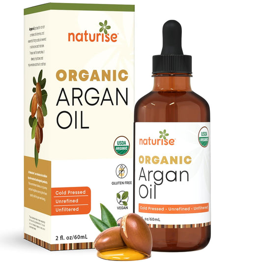 Organic Argan Oil for Hair & Skin – Cold Pressed, Unrefined, Pure Argan Oil of Morocco for Face Skin Moisture & Hair Growth – Non-GMO, Gluten Free Oils with Vitamins & Fatty Acids (2 fl. oz.)