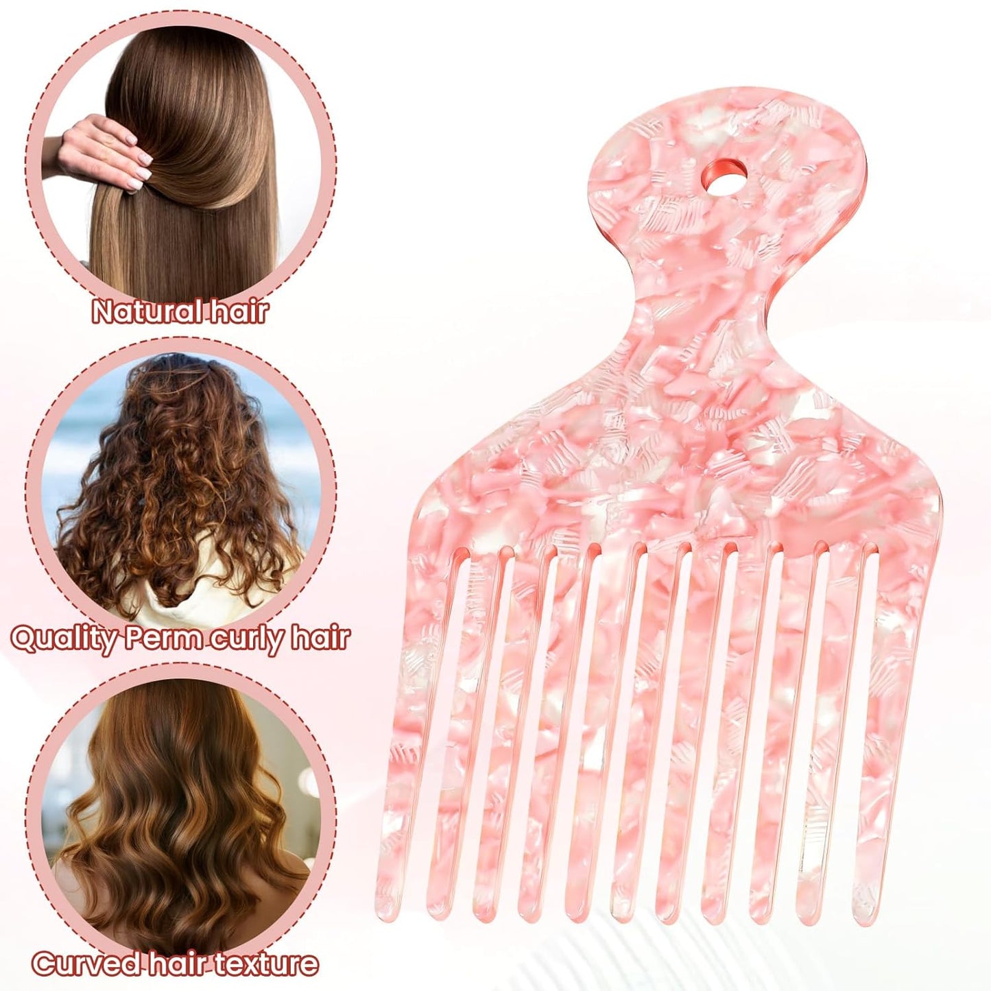 Hairs Picks for Women Curly Hair Wide Tooth Hair Pick Comb, Pink Long Tooth Hairs Comb for Long Thick Curly Hai Detangling Lifting Combs for Women Men Anti Static Hai Styling Tool, 4.8 Inches