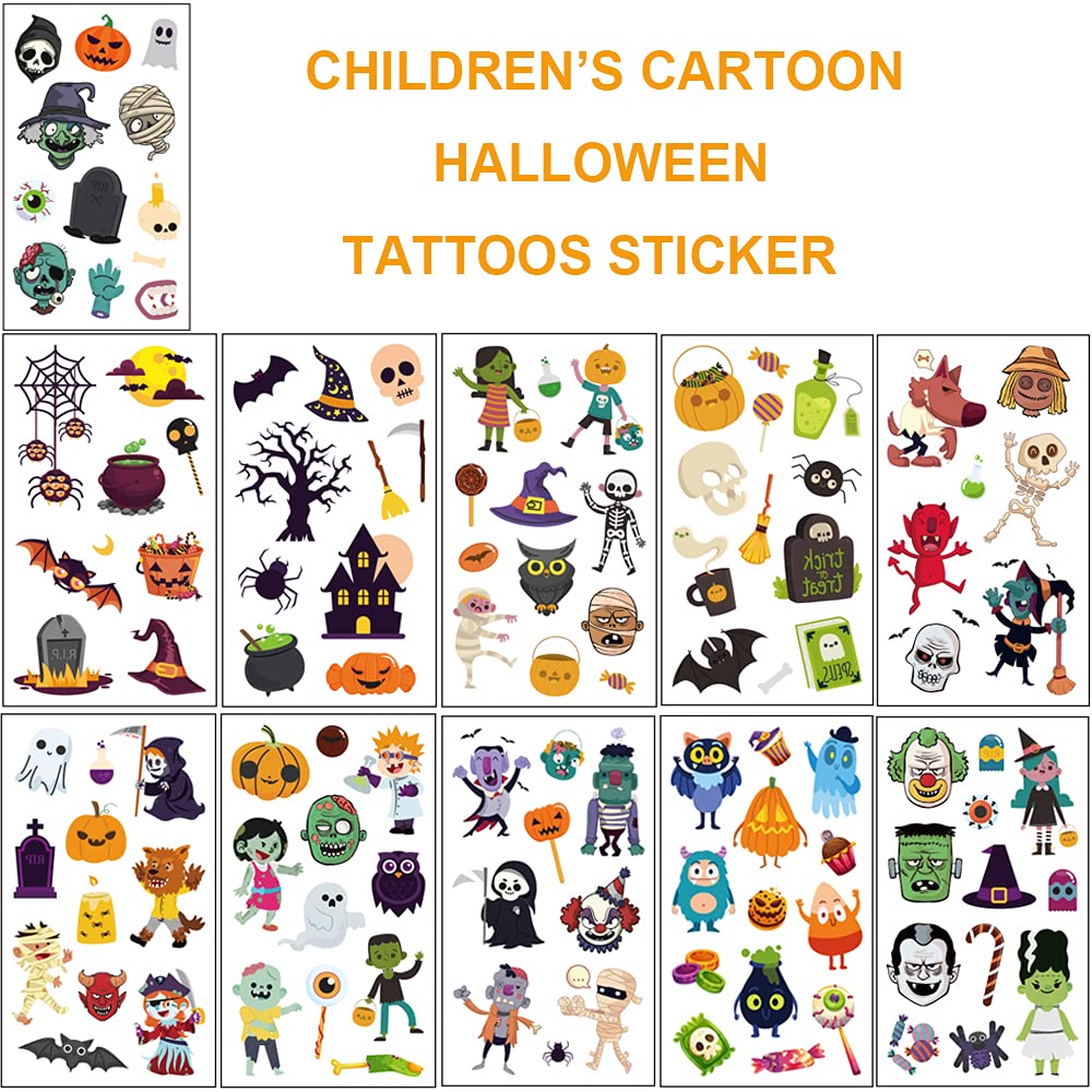 Halloween Temporary Tattoos for Kids, 120 PCS Halloween Prizes Assorted Goodies Party Favor Gifts for Boys Girls Bag Stuffers, Cartoon Pumpkin Witch Fake Tattoo Stickers Decorations Face Makeup Adults