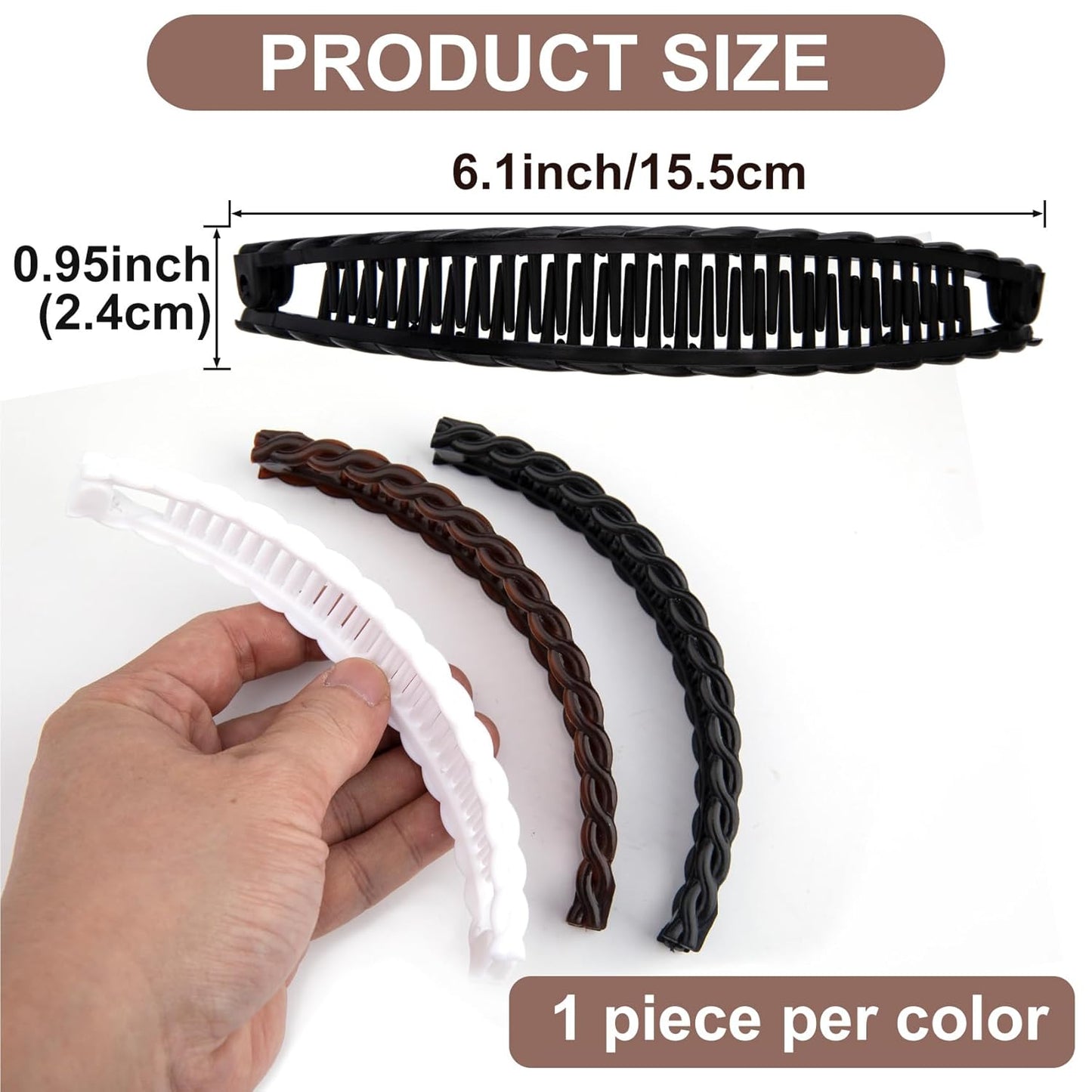 3pcs Banana Hair Clips for Women, Non-Slip Hair Claws with Double Combs, Vintage Hairpin Thick Long Curly Hair Styling Accessories for Daily, Party - Black, Brown, White (Wavy Edge)