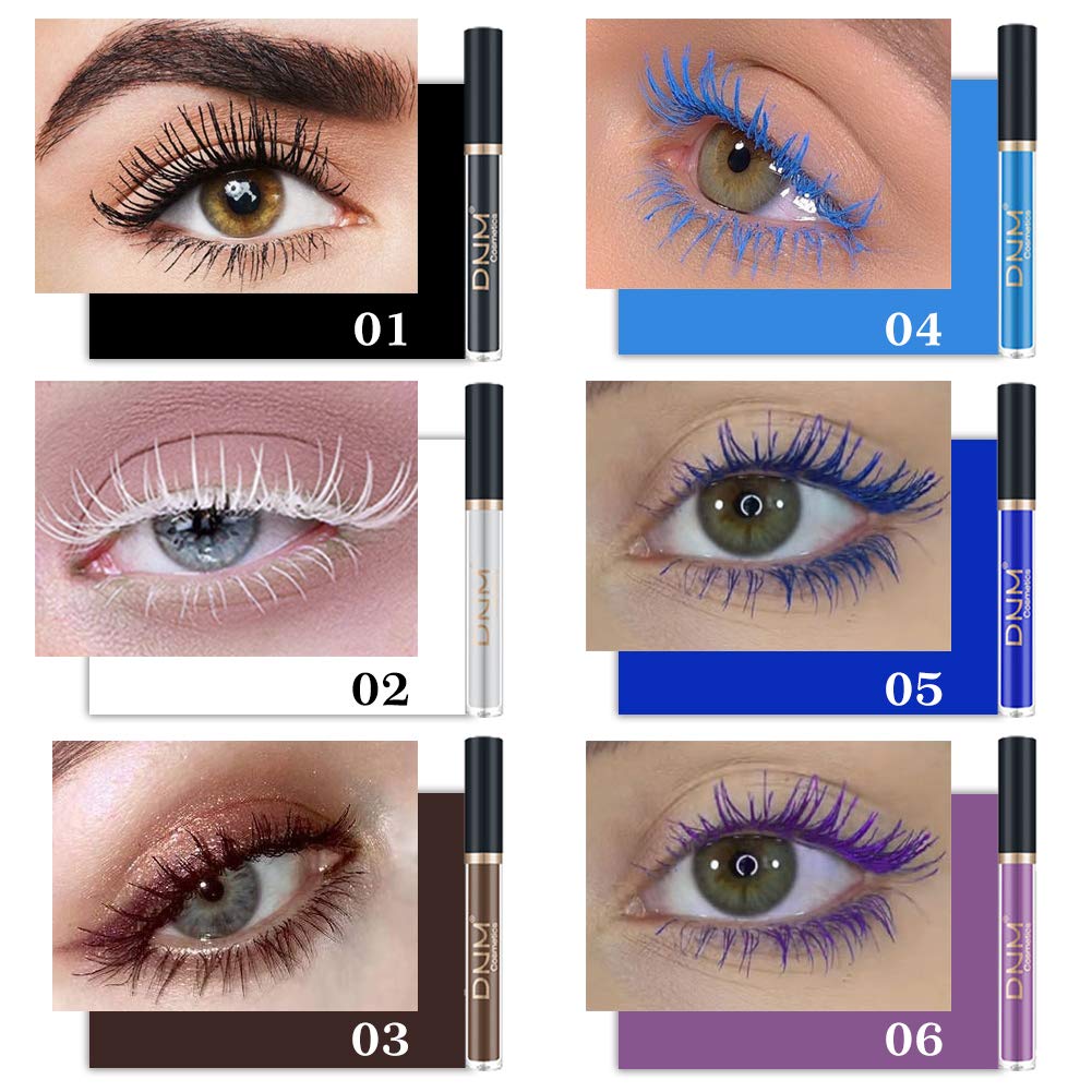 Colored Mascara Colorful Waterproof Blue Mascara for Eyelashes Set,White Black Brown Purple Long lasting Charming Voluminous Cruelty Free Vegan Eye Makeup (6 Colors)