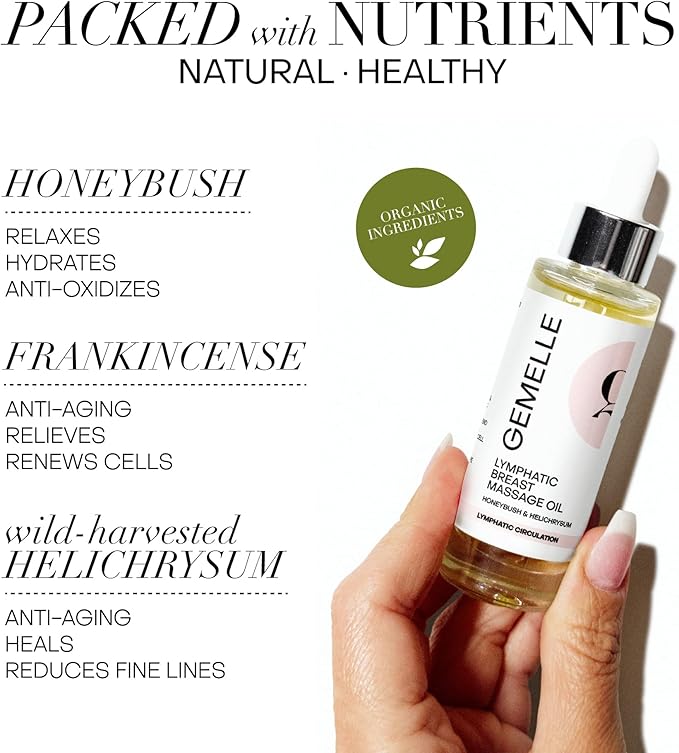 GEMELLE Lymphatic Breast Massage Oil | 2024 Product of The Year | Lymphatic Circulation, Beauty, Wellness | Honeybush & Helichrysum | Paraben-Free, Clean Beauty, Luxury Natural Skin Care 30ml