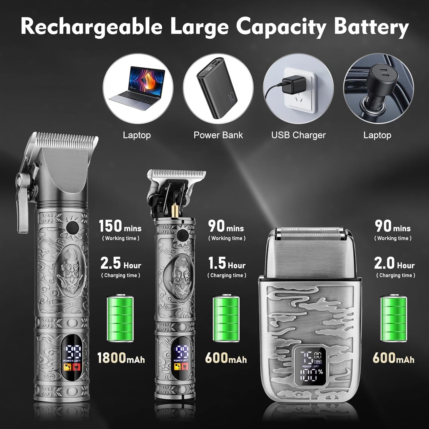 Professional Hair Clippers for Men,Hair Clippers+T-Blade Trimmer+Electric Shaver+Nose Hair Trimmer Set,4 in 1 Cordless Barber Hair Cutting Kit LCD Display Gifts (Gray)