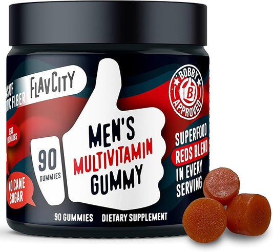 FlavCity Multivitamin for Men - Daily Mens Multivitamins Gummies with Premium Vitamins, Minerals & Prebiotic Fiber - No Cane Sugar or Seed Oils - with Organic Beets, Acai & More (90 Gummies)