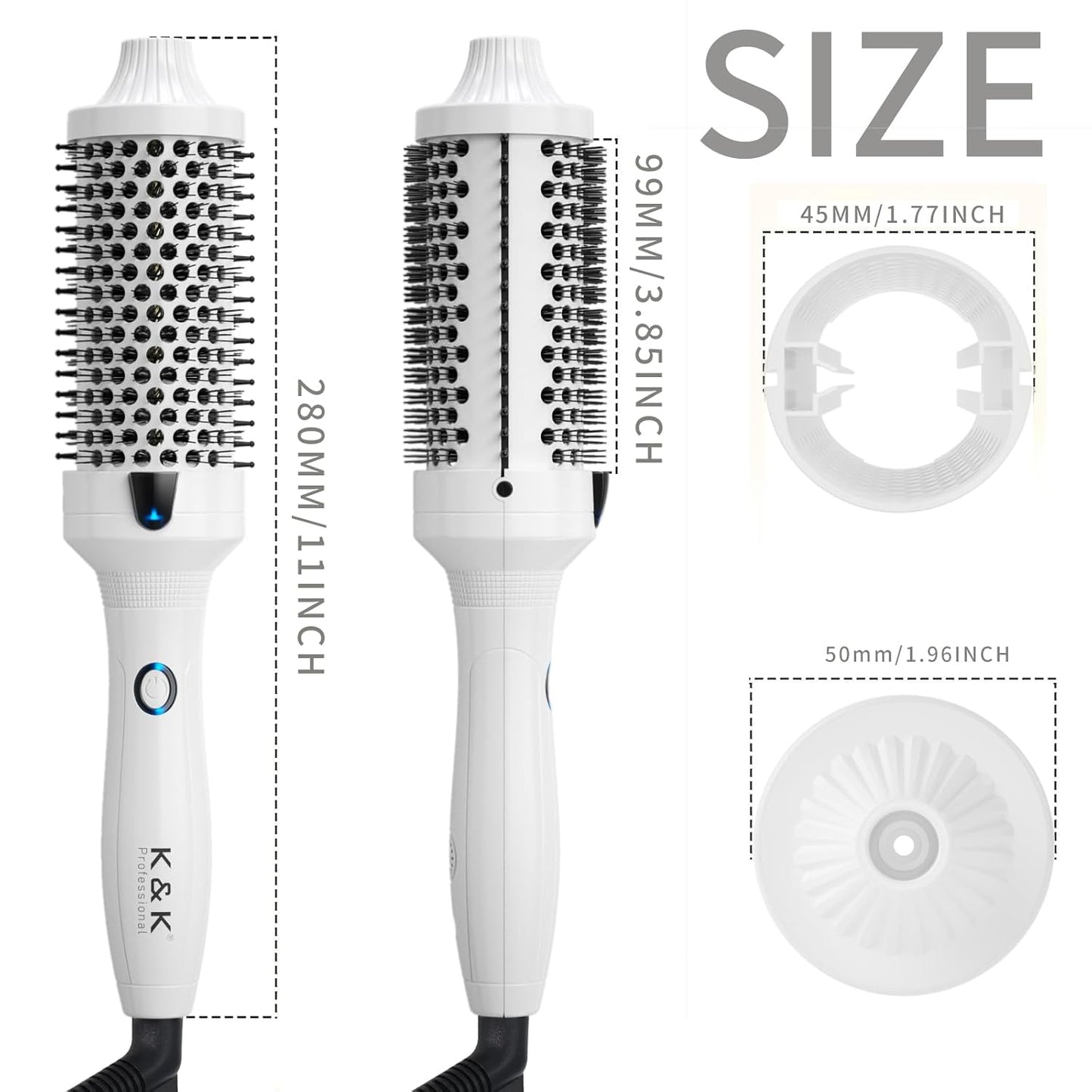 K&K Thermal Brush, White 1.77 Inch Heated Round Brush, Professional Heated Curling Ceramic Tourmaline Ionic Curling Iron, Hot Styling Volumizing Comb, Dual Voltage