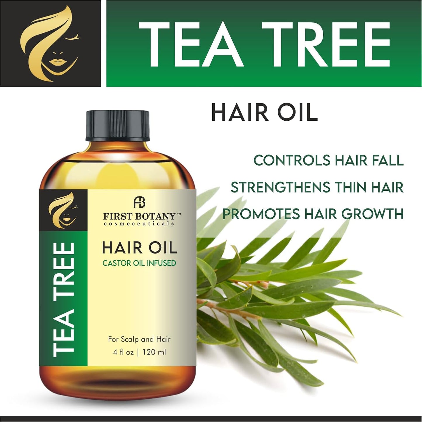 First Botany, Tea Tree Castor Oil Encourages Hair Growth, Scalp & Hair Strengthening Serum, Nourishing Treatment for Split Ends, Dry Scalp, Safe for All Hair Types, 4 fl oz