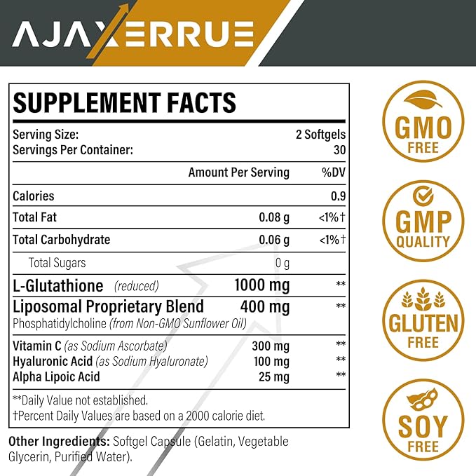 1400 mg Liposomal Glutathione, Superior Absorption Complex Reduced Glutathione Supplement with Vitamin C, Hyaluronic Acid, Master Antioxidant for Liver Detox, Brain, Skin