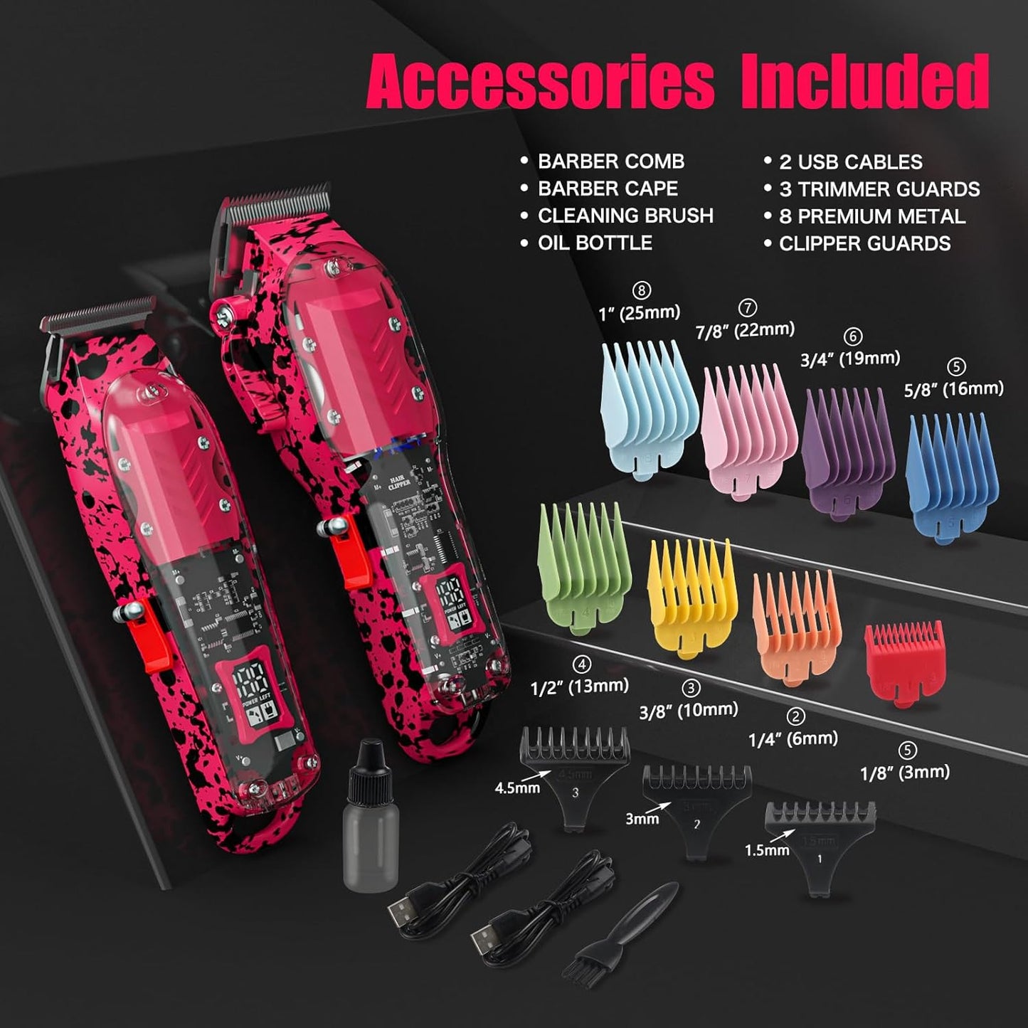 Professional Hair Clippers for Men, Cordless Barber kit for Hair Cutting & Grooming, Pink Hair Clippers and Trimmer Set for Barber Haircut with LED Display, 8 Fade Taper Combs