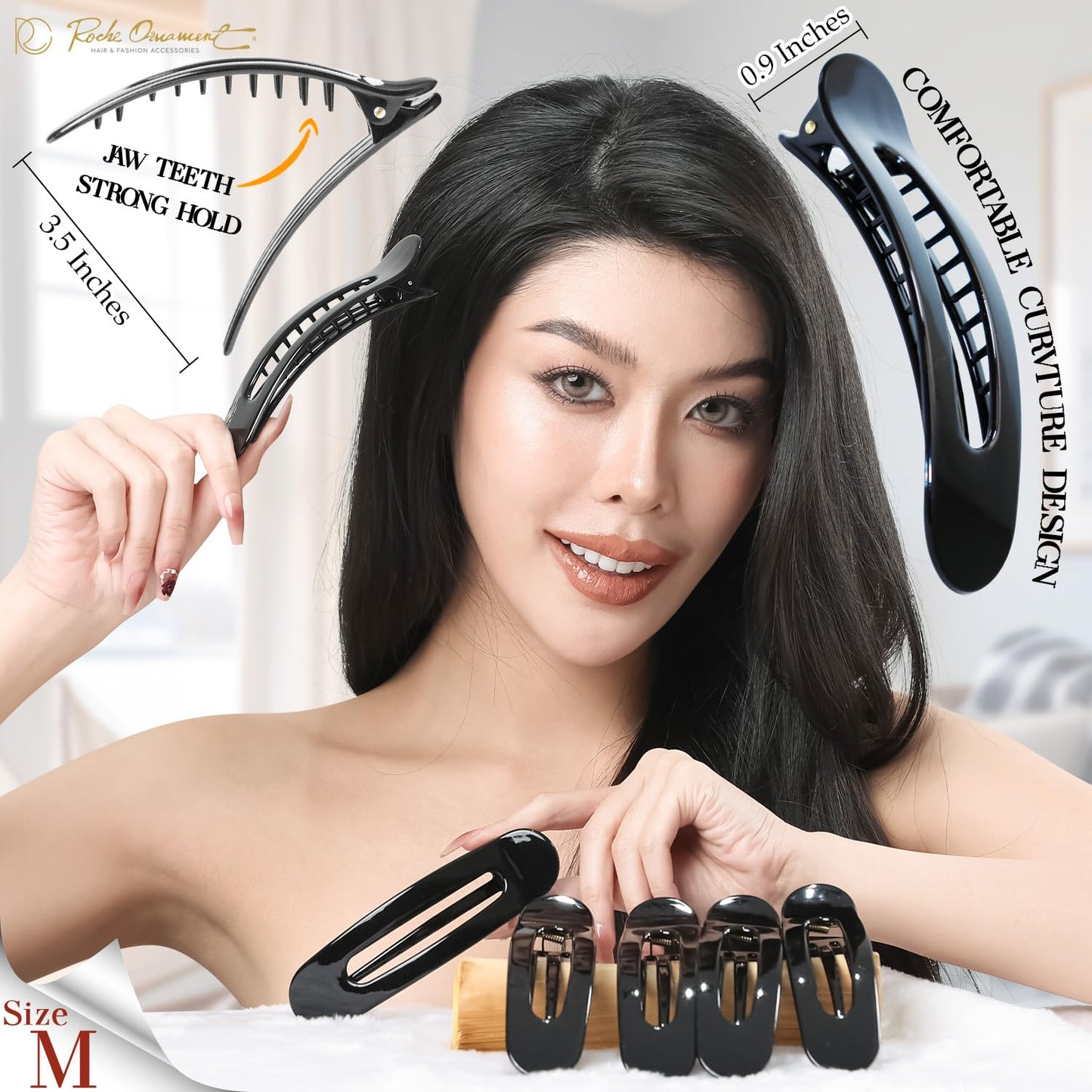 RC ROCHE 6 Pcs Flat Claw Hair Clips for Women Lay Down Barrettes No Crease Side Slide Thick Long Hair Duckbill French Against Head Jaw Claw Styling Clamp, Medium Black