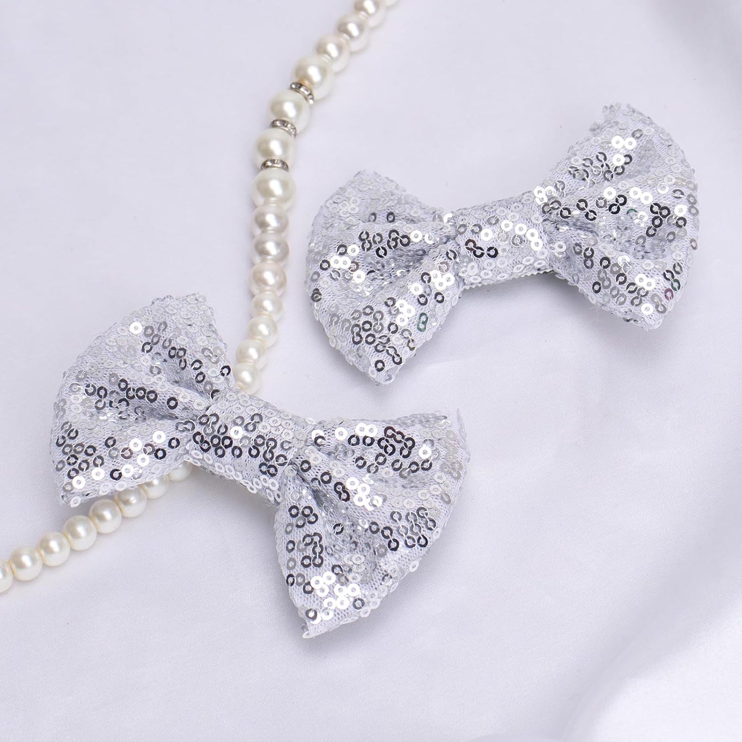 KISZU 4 Inch Sequin Glitter Hair Bows Clips, Sparkling Bling Little Bow HairPins Hair Accessories for Baby Girls Kids Children Teens and Women (Sliver)
