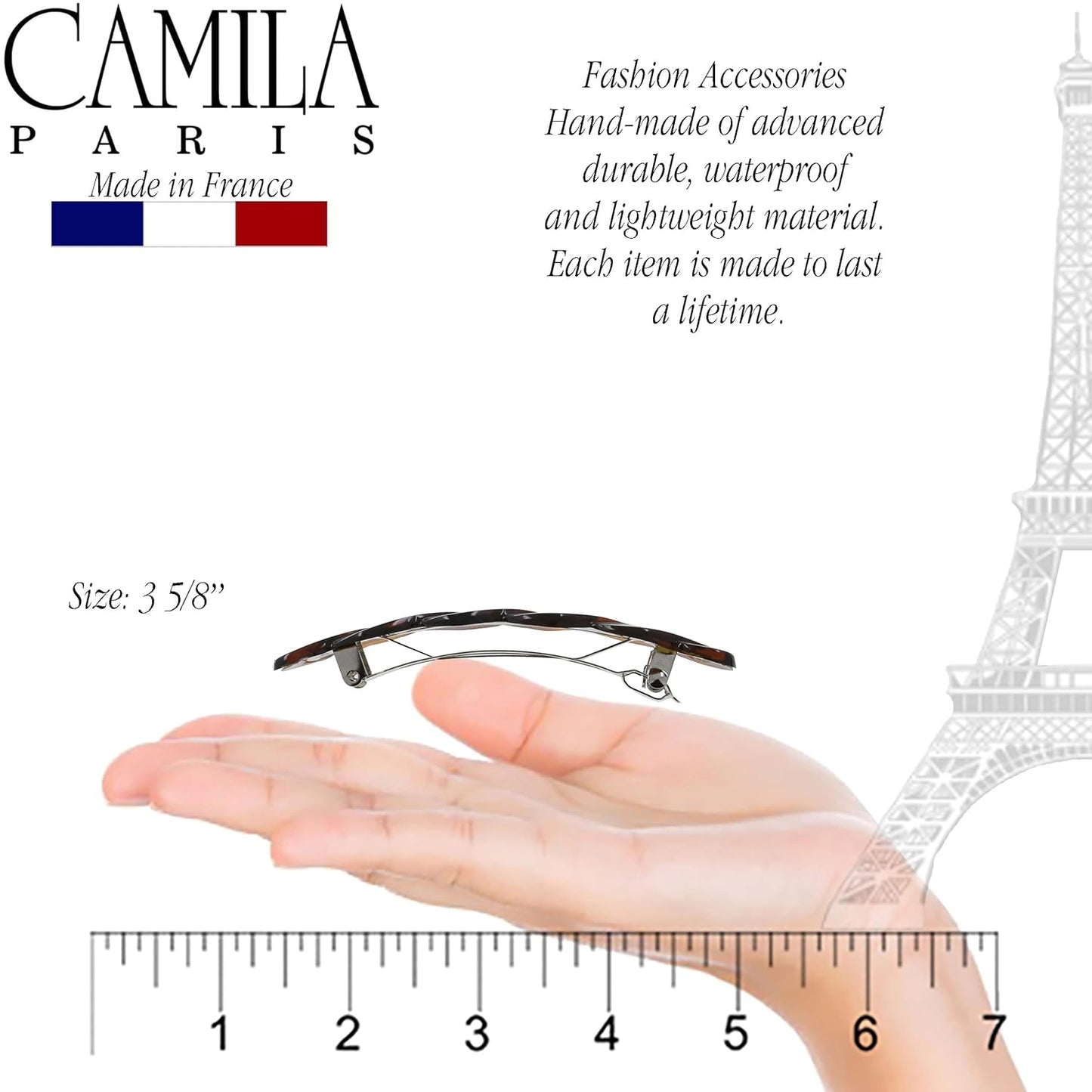 Camila Paris CP2427 French Hair Barrette Clip for Girls Braided, Tortoise Shell, Automatic Clasp, Strong Hold Grip Hair Clips for Women, No Slip Durable Styling Girls Hair Accessories, Made in France