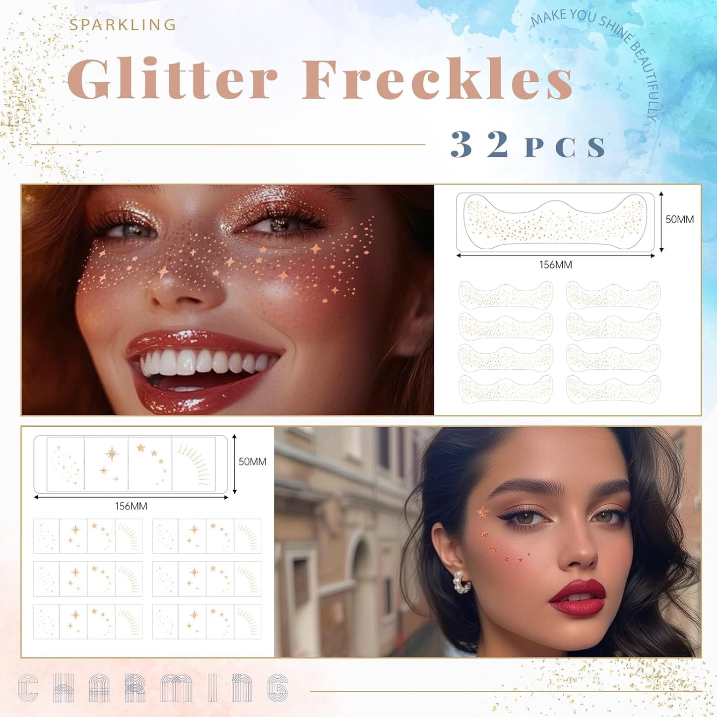 Glitter Freckles, 32 Pcs Sparkle Glitter Freckles Face Tattoo for Women Girls Rose Gold Temporary Face Tattoos Concert Festival Rave Accessories (Rose Gold)