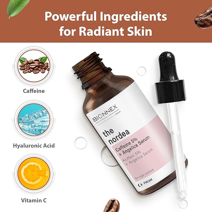 The nordea - 5% Caffeine Serum Angelica - Anti-Aging Eye Serum for Dark Circles, Puffiness and Wrinkles - Caffeine Eye Serum Natural and Vegan - 30 ml (5% Caffeine Skin Serum)