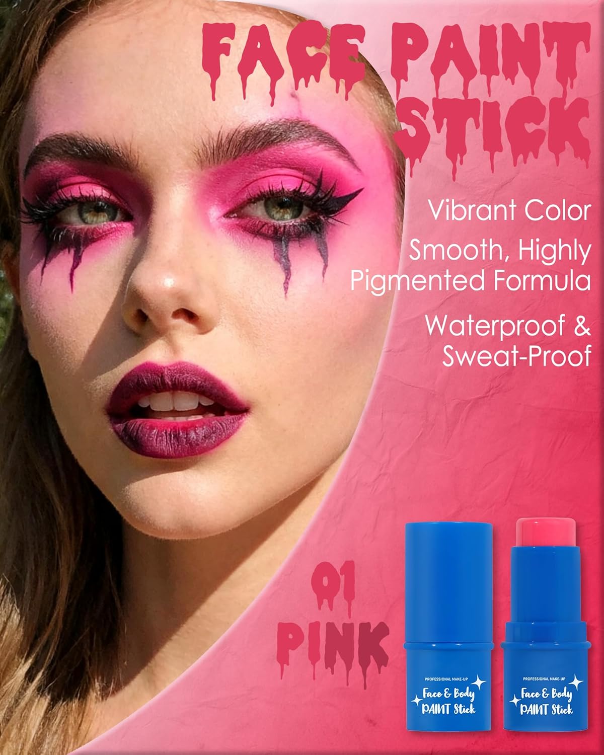 Pink Face Paint Stick, Waterproof Highly Pigmented Full Pink Body Paint for Adults, Eye Black Stick for Baseball Football Sports, Body Face Painting for SFX Cosplay Halloween Makeup-01